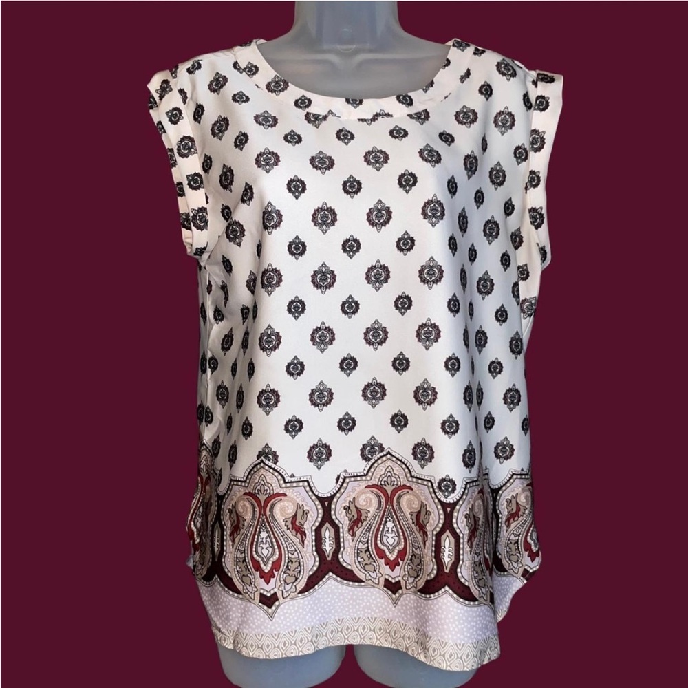 Ann Taylor White Sleeveless Printed Blouse with Burgundy and Tan Border